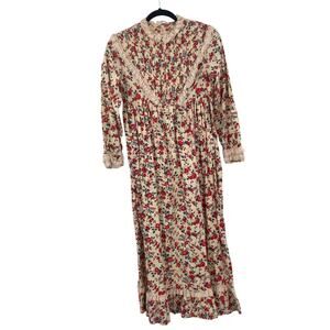 Vintage 70s Mr.Jac Lace Floral Prairie Dress Cottage Victorian XS Cream RedBlue